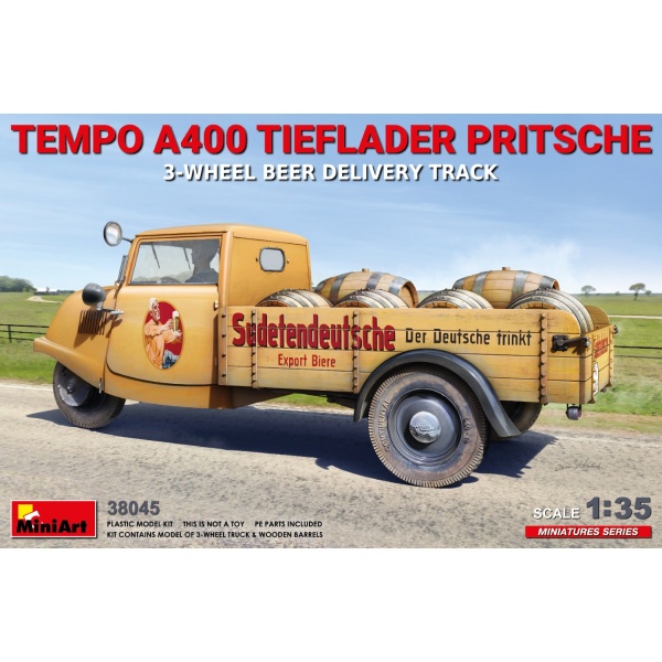 MiniArt 1:35 Tempo A400 Tieflader Pritsche 3-Wheel Beer Delivery Truck     MA38045