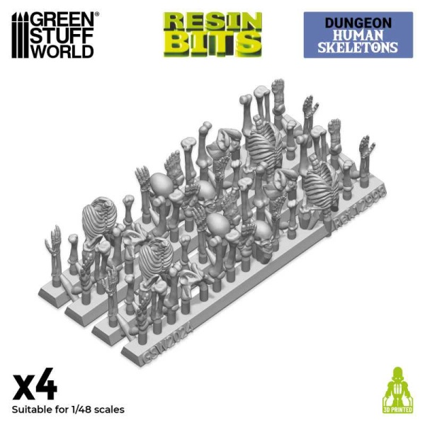 Green Stuff 3D Printed Set 1:48 Human Skeletons  ( 4x )   GSW12998