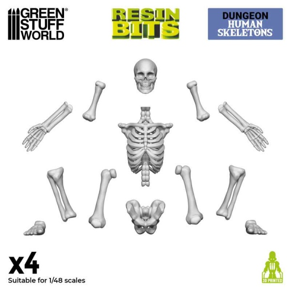 Green Stuff 3D Printed Set 1:48 Human Skeletons  ( 4x )   GSW12998 - Afbeelding 2